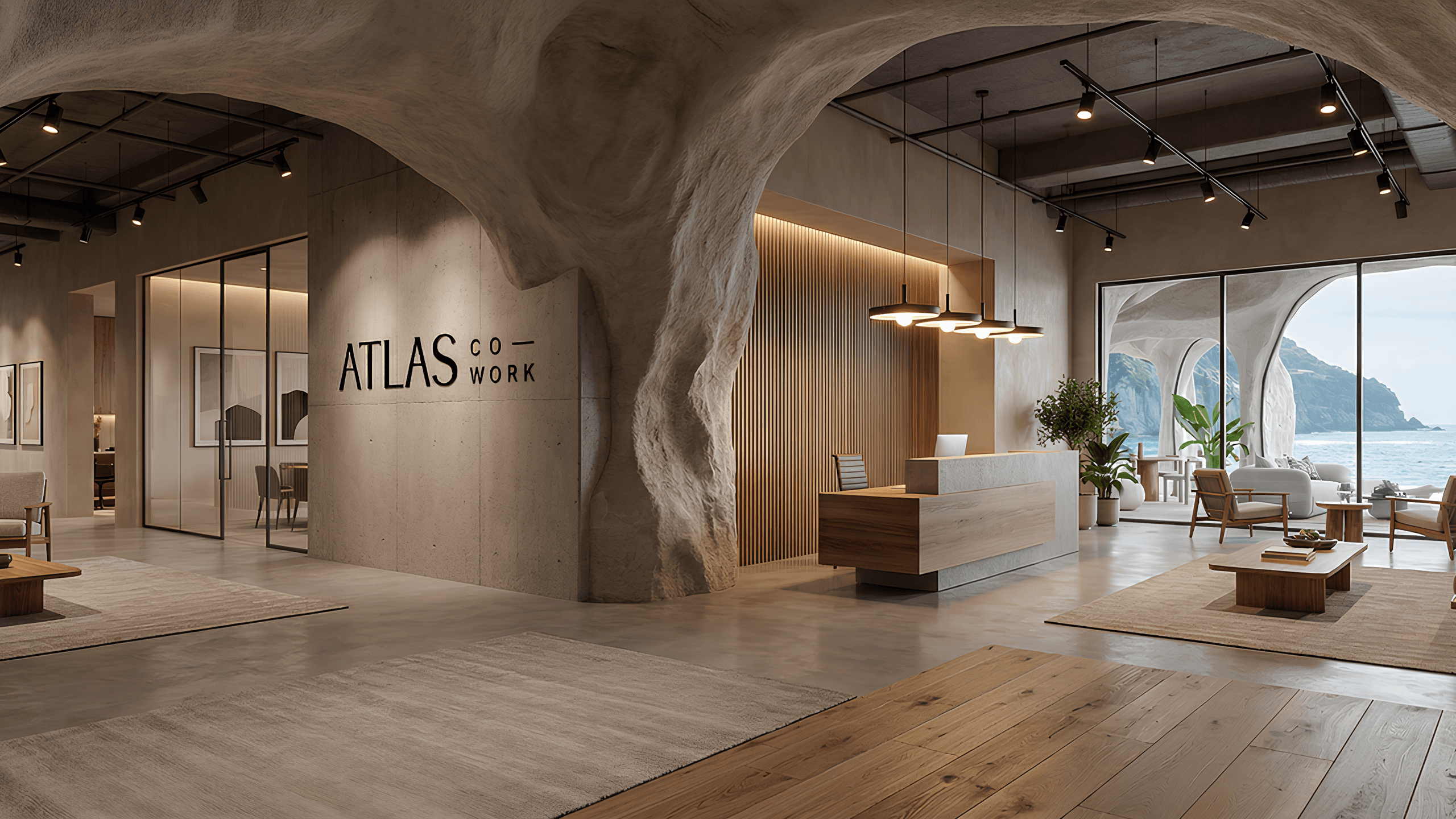 Reception area with curved wooden desk.
