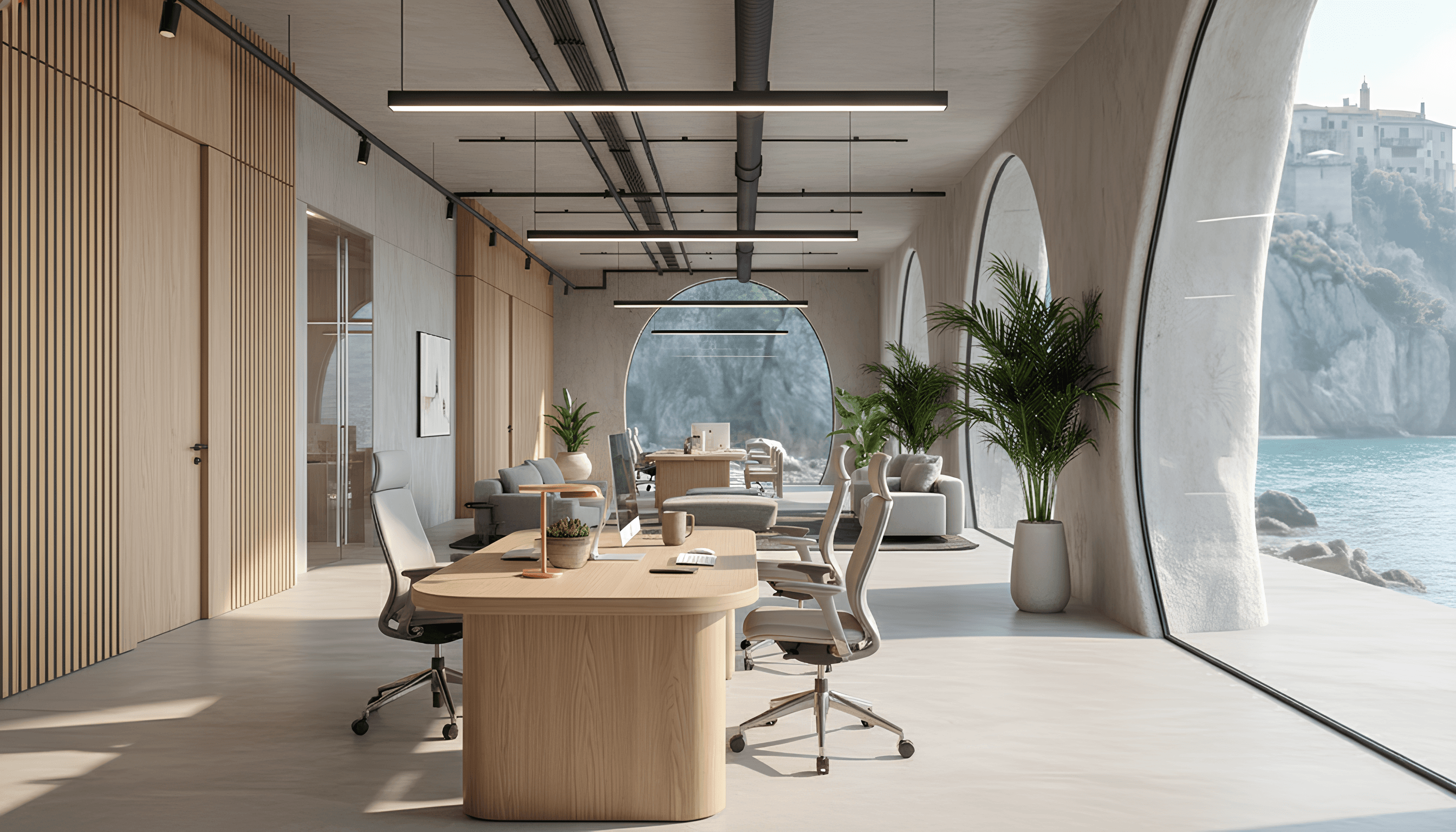 Spacious team office suite with floor-to-ceiling glass walls and multiple workstations. The room is flooded with natural light from arched windows overlooking the ocean, featuring a blend of modern furniture and organic architectural elements.